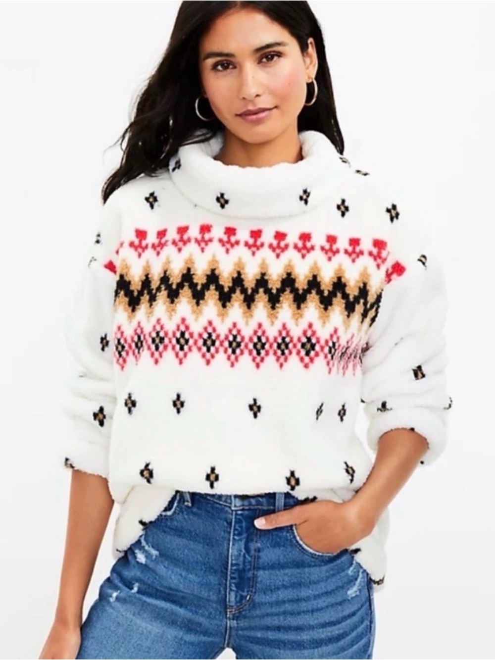 Cozy Fair Isle White Pullover Sweater with Red & Gold Pattern